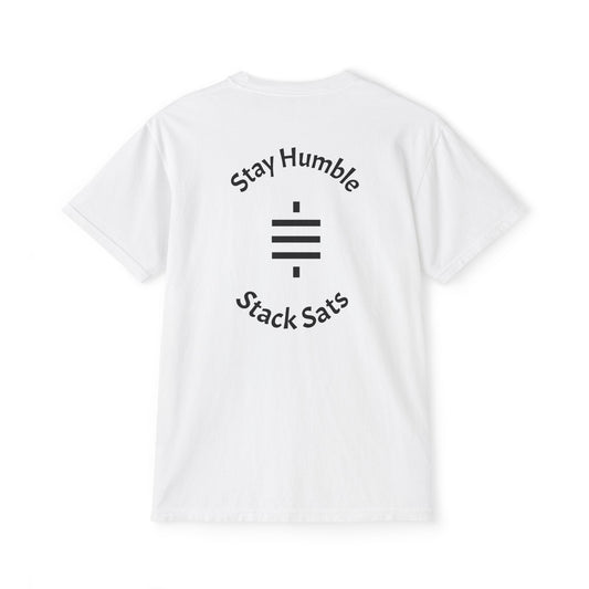 stay humble, stack sats. pocket t-shirt