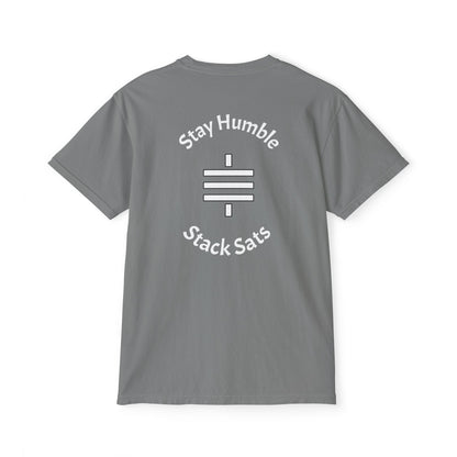 stay humble, stack sats. pocket t-shirt