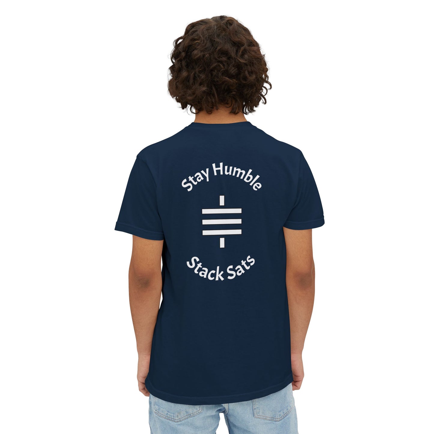 stay humble, stack sats. pocket t-shirt