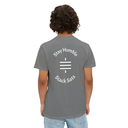 stay humble, stack sats. pocket t-shirt