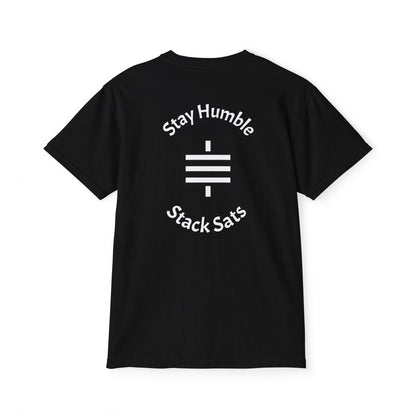stay humble, stack sats. pocket t-shirt