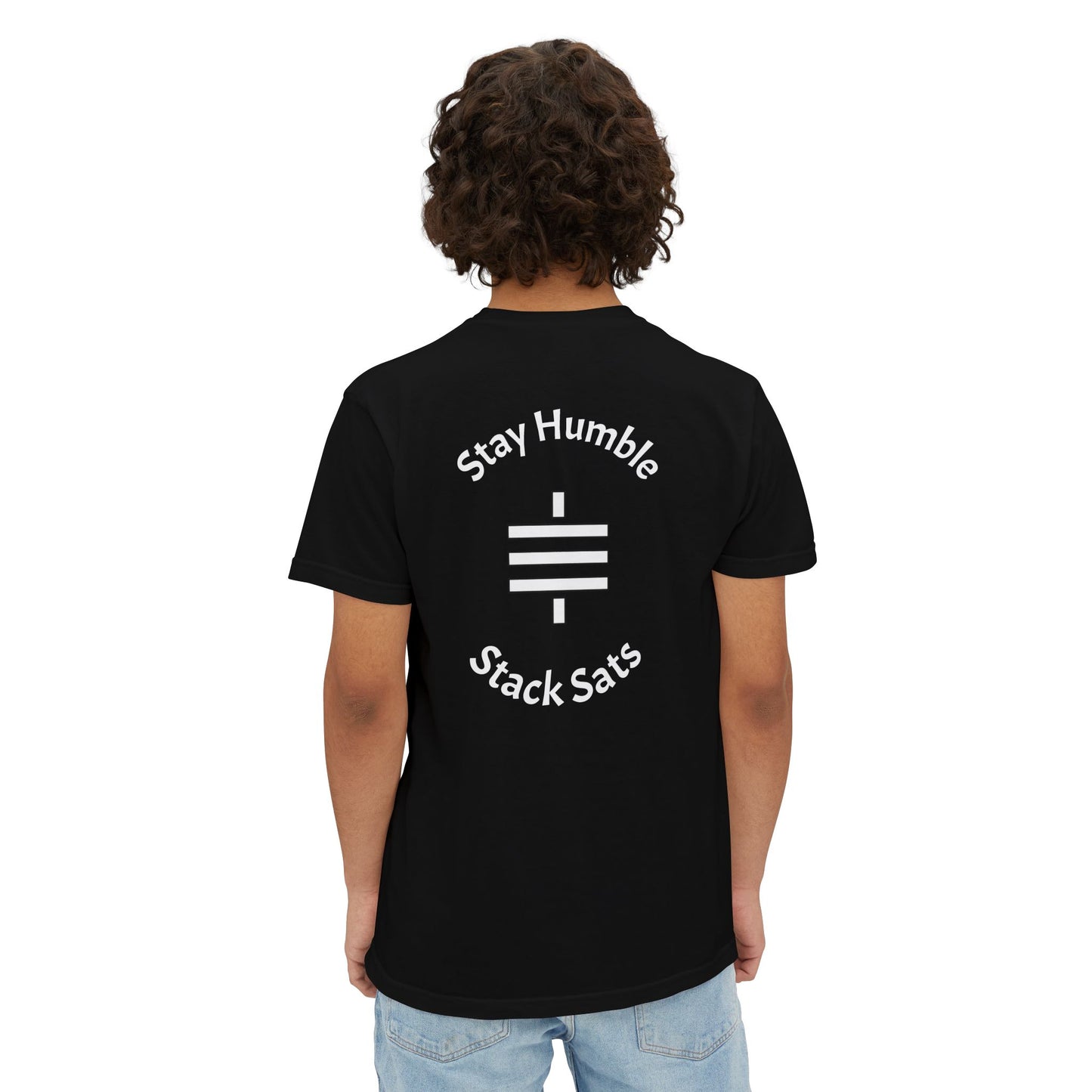 stay humble, stack sats. pocket t-shirt
