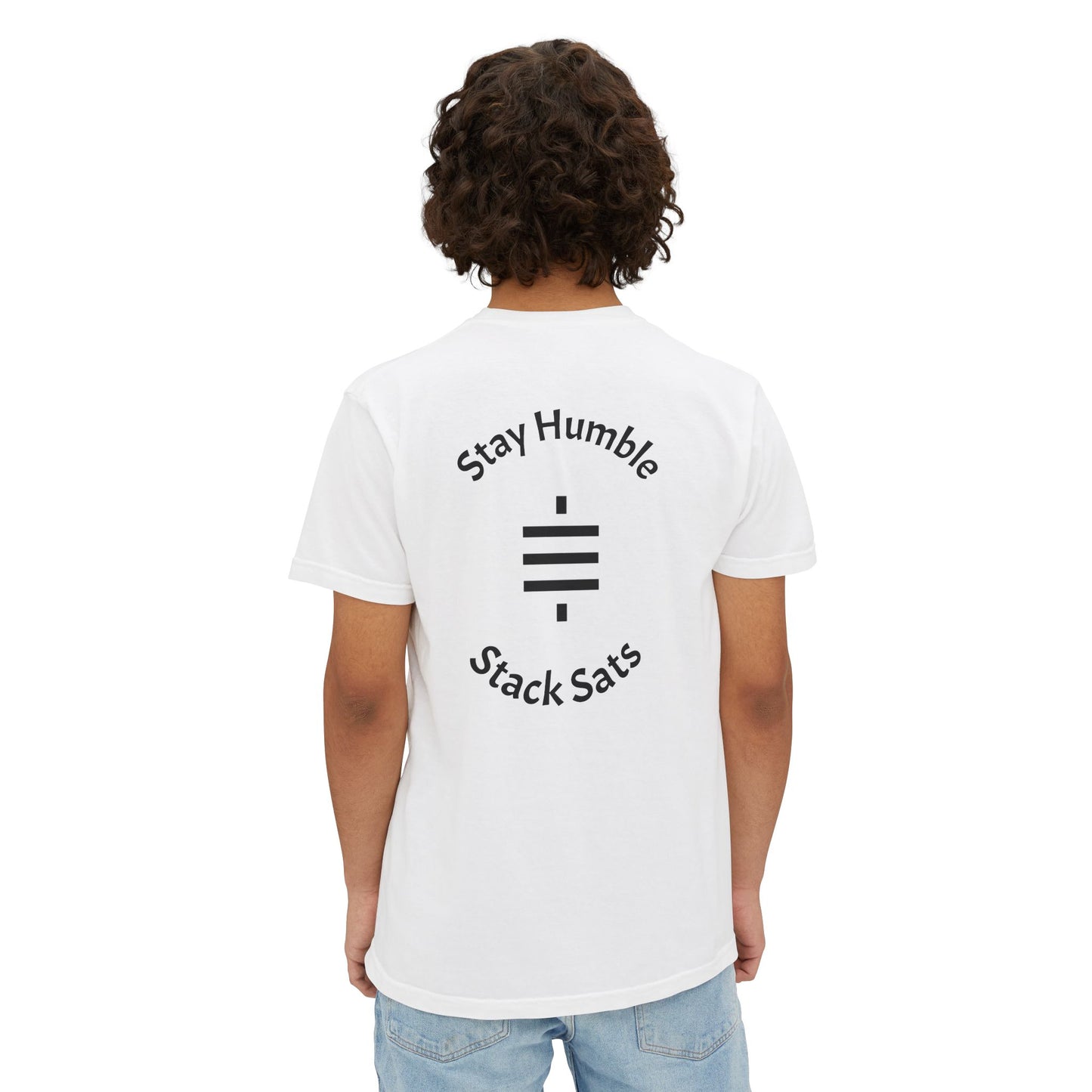 stay humble, stack sats. pocket t-shirt